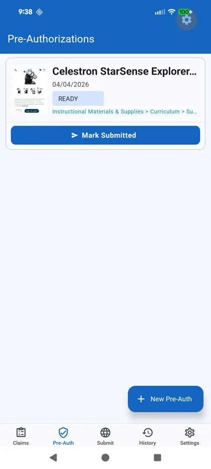 Pre-Auth list — Celestron telescope, READY, category auto-identified